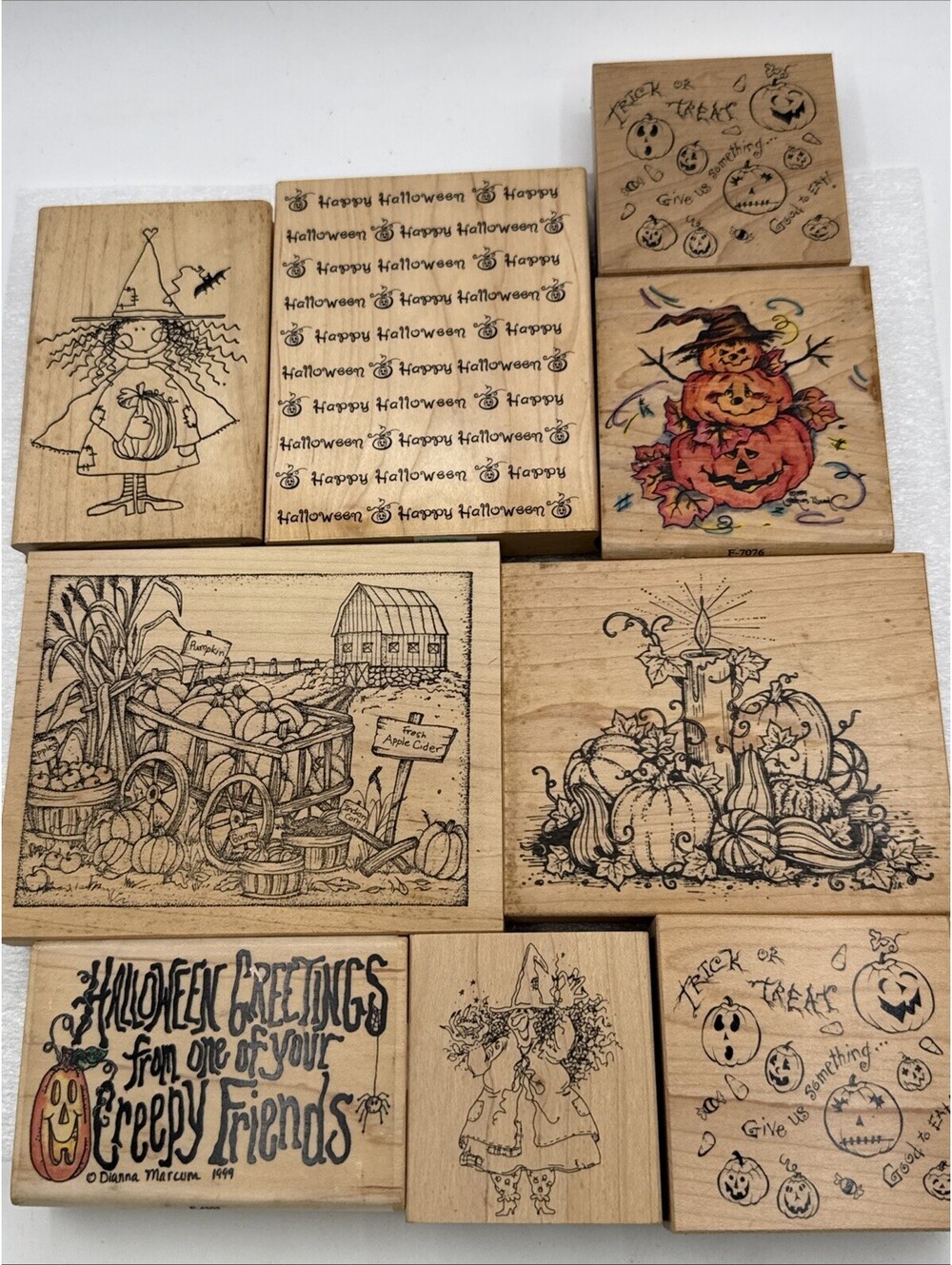 Lot 9 Halloween Fall Wood Rubber Stamps Pumpkins, Witch, Trick Or Treat, Wagon